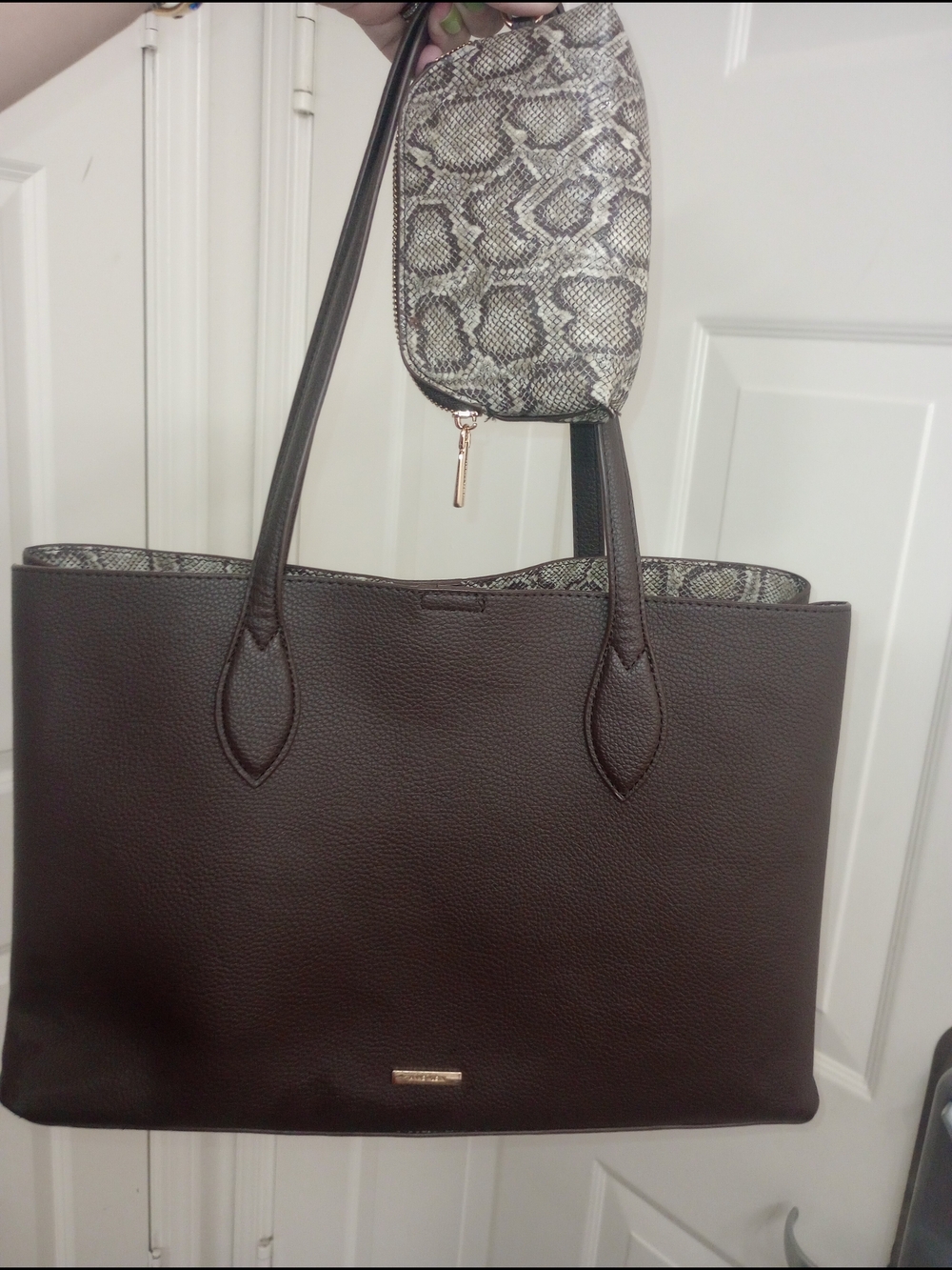 Anne Klein Dark Brown Leather Satchel ,Snakeskin Lined W. Matching Pouch